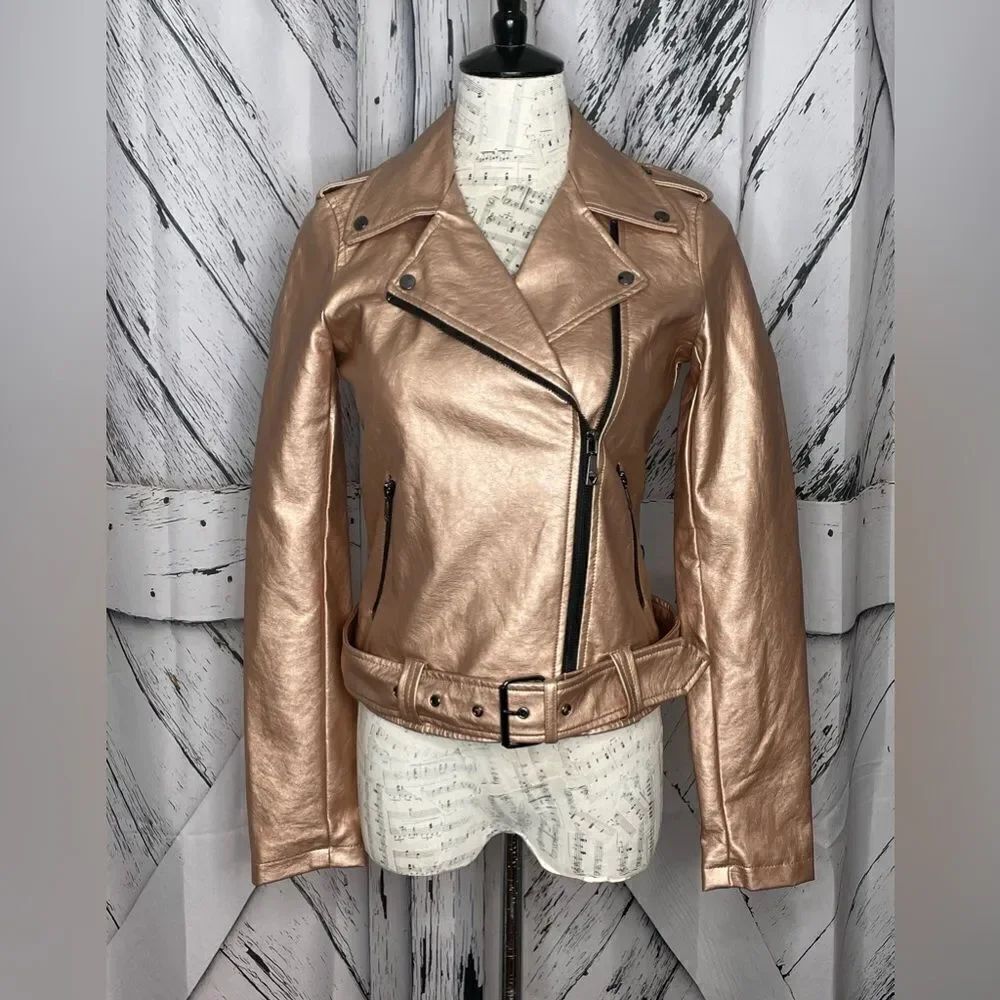 NWT GUESS Moto Jacket Faux Leather Rose Gold Metallic XS